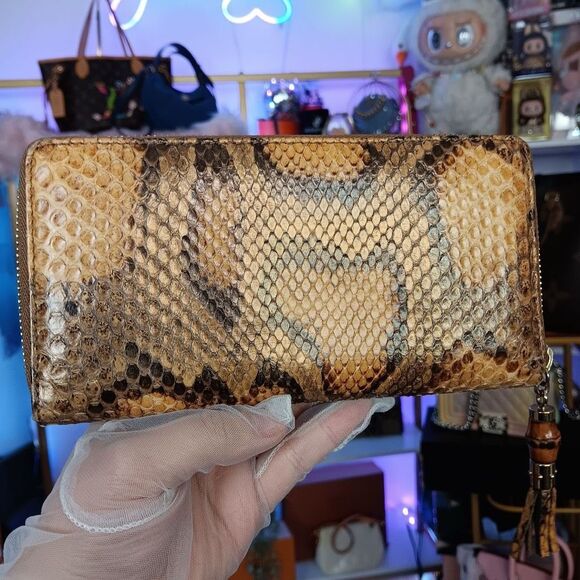 Gucci Python Exotic Leather Vintage Bamboo Tassel Zip Around Large Size Wallet W - Picture 2 of 14